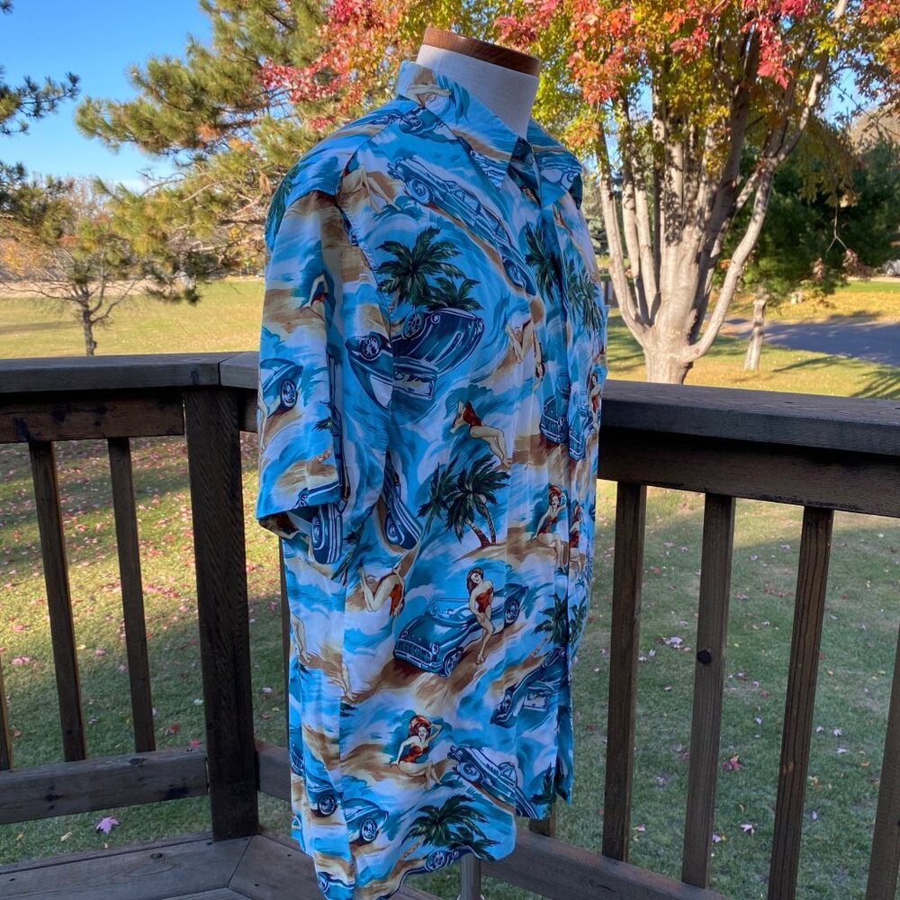 Marc Edwards Men’s Hawaiian Camp Shirt size XL Cars Convertible Pin Up Girl - Picture 9 of 14